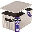 Superio Ribbed Collection - Decorative Plastic Lidded Home Storage Bins Organizer Baskets, Medium Taupe (1 Pack - 5 Liter) Stackable Container Box, for Organizing Closet Shelves Drawer Shelf