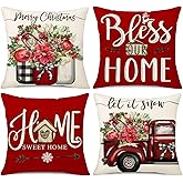NIGHTWISH Christmas Pillow Covers 18x18 Set of 4 Red Christmas Decorations Let it Snow Truck Throw Pillow Covers Home Sweet Home Xmas Winter Holiday Cushion Case for Sofa Couch