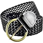 ANNULOYA 2 Inch Wide Leather Braided Belts for Women Hand Made Soft Woven Waistbands with Round Golden Pin Buckle