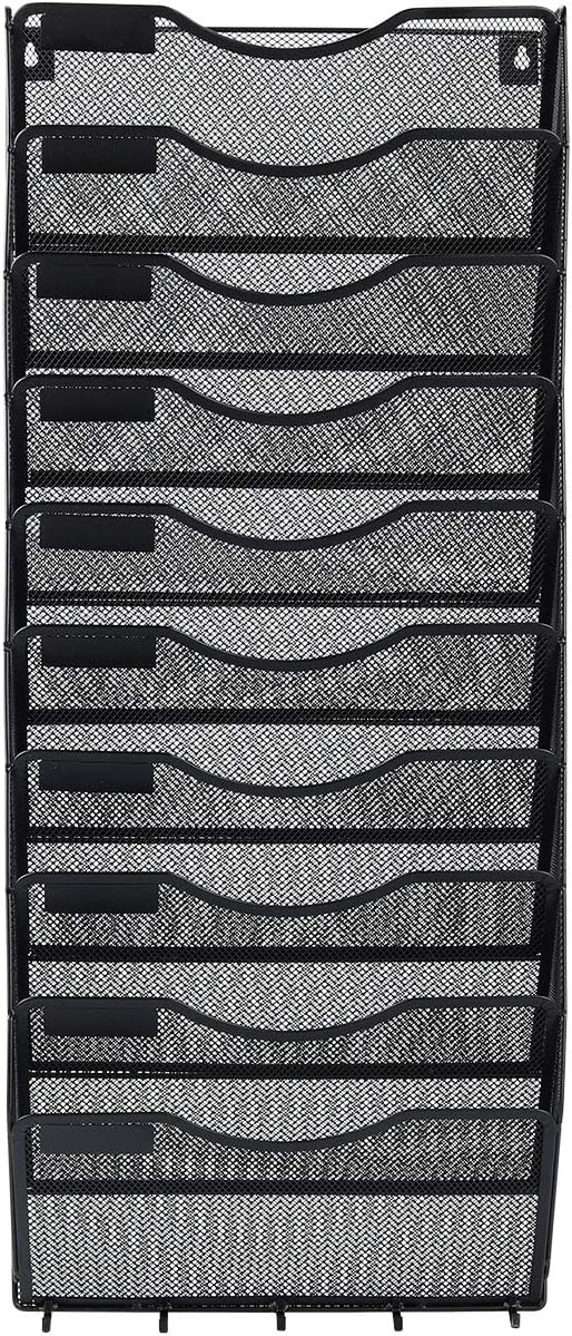 EasyPAG Mesh Metal 10 Pocket Wall File Holder Organizer Hanging Magazine Rack with 5 Key Holder Hooks,Black: Office Products