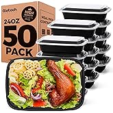 100-Piece (50-Pack) 24 OZ Meal Prep Containers Reusable with Lids, Sturdy Leakproof & Food Safe, Microwave, Freezer, Dishwasher Safe To Go Food Containers, Plastic Take Out Containers, Black