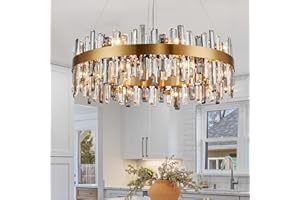 Siljoy Modern Crystal Chandelier 16 Lights Luxury Gold Round 2 Tiers Raindrop Chandelier Dimmable Flush Mount Crystal Ceiling Light for Dining Room Living Room Entryway Foyer D31.5''