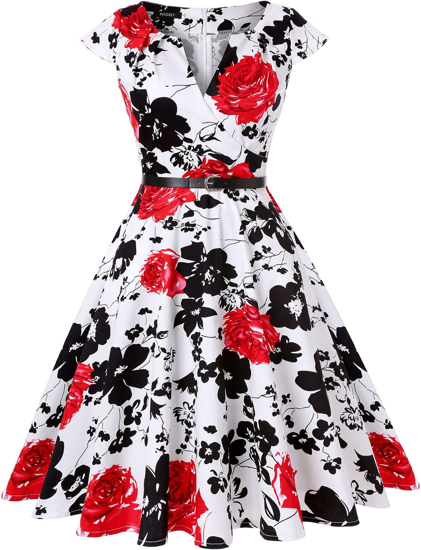 ROOSEY Women's 1950S Retro Cap Sleeve V Neck Cocktail Party Dresses