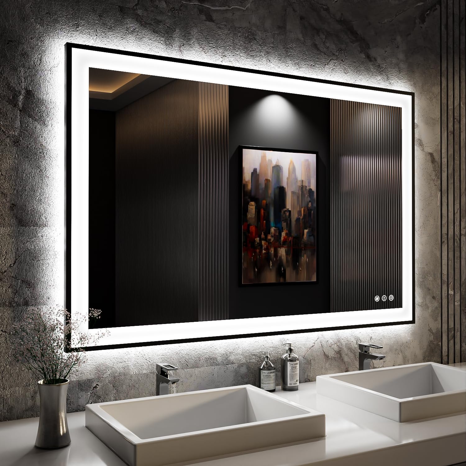 Mirrors - ISKM 48x32 Inch Framed LED Bathroom Mirror, Front and Backlit Dimmable Lighted Anti-Fog Wall Mounted Mirror, Shatter-Proof, Memory, 3 Colors Vanity Mirror