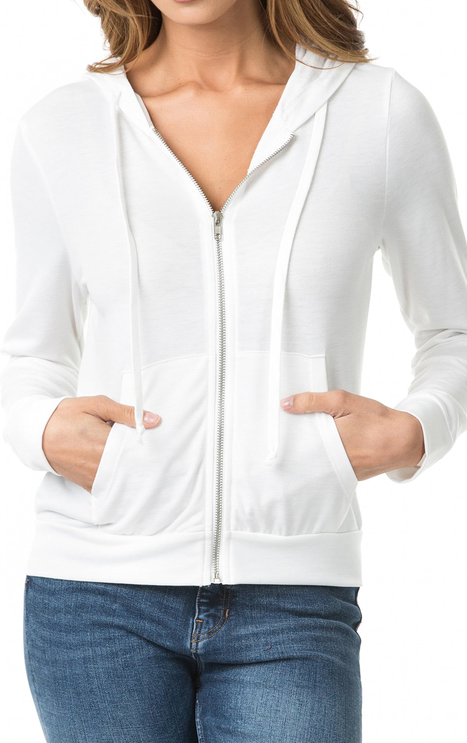 WeSeeFashion WSF Women's Zip Up French Terry Extra Lightweight Hoodie Sweater Jacket with Pocket Small Off White