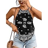 MakeMeChic Women's Paisley Print Halter Top Sleeveless Tie Back Going Out Tank Tops