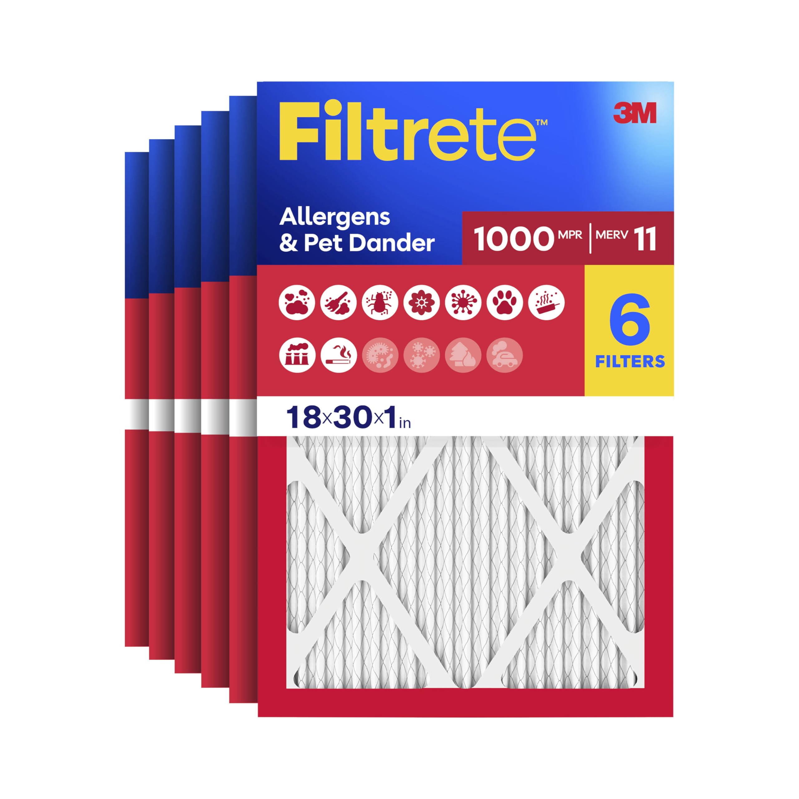 Filtrete 18x30x1 Air Filter, MERV 11, MPR 1000, 6 HVAC Filters
