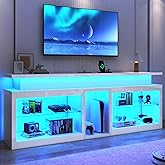 71" LED TV Stand with Power Outlet,60-Colors LED Lights For 65 70 80 in TV,High Gloss Gaming Entertainment Center w/Adjustable Shelves,White TV Console with Modern Design for Living Room Bedroom