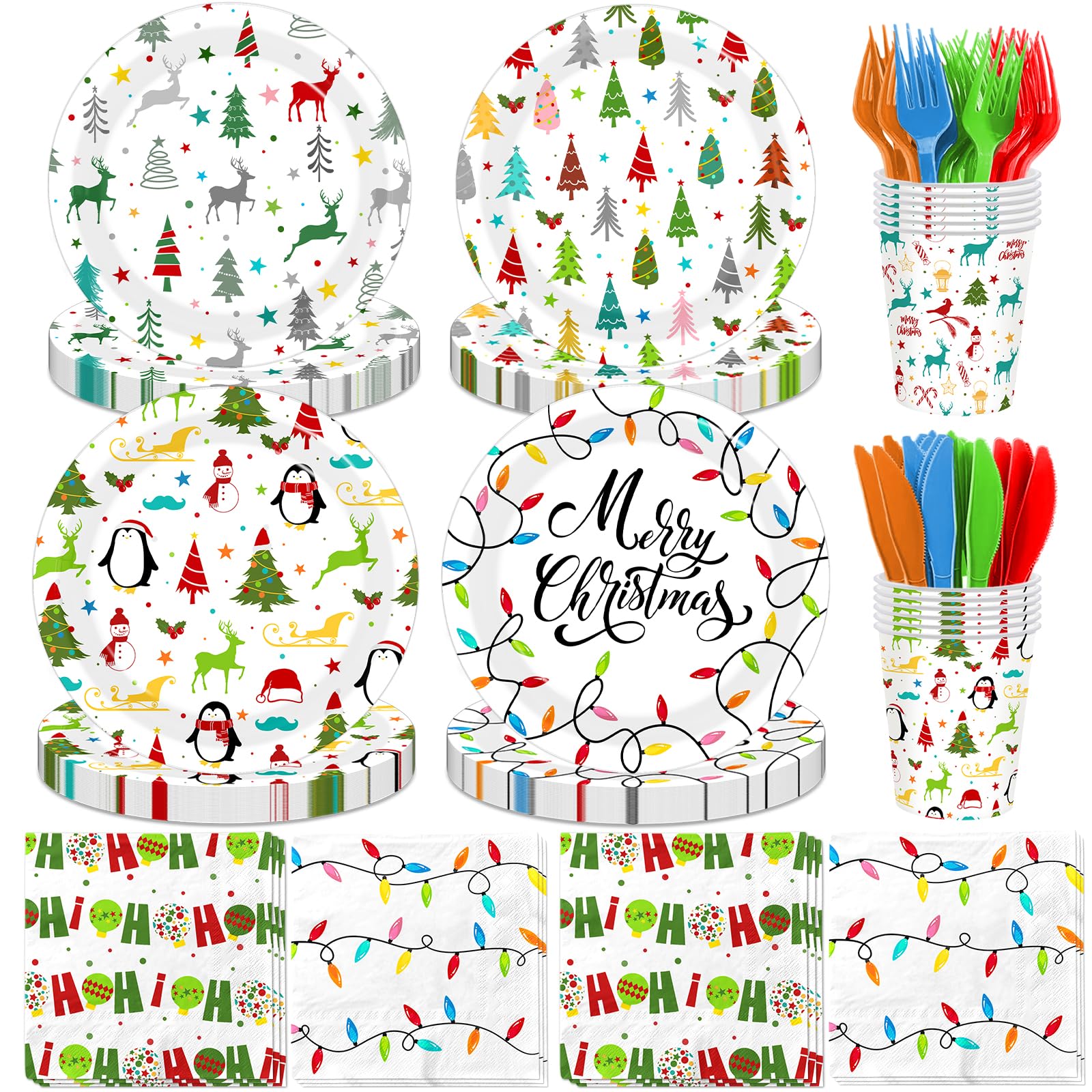 Photo 1 of 144Pcs Merry Christmas Party Tableware Set,Christmas Party Supplies Xmas Lights Paper Plates and Napkins Winter Xmas Holiday Table Decorations for Holiday Birthday 24 Guests