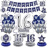 Blue 16th Birthday Decorations for Boys Girls, 47Pcs Navy Blue Silver Happy 16th Birthday Banner Balloons Honeycomb Centerpiece Hanging Swirls Kit for Cheer to 16 Years Old Party Supplies Decor