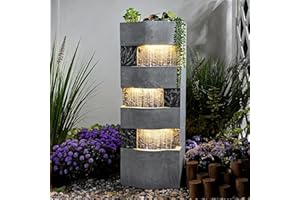 Sunlinua 40.5" H Modern Outdoor Water Fountain with LED Lights – Tall Garden Waterfall Fountain for Patio, Yard, Landscape or