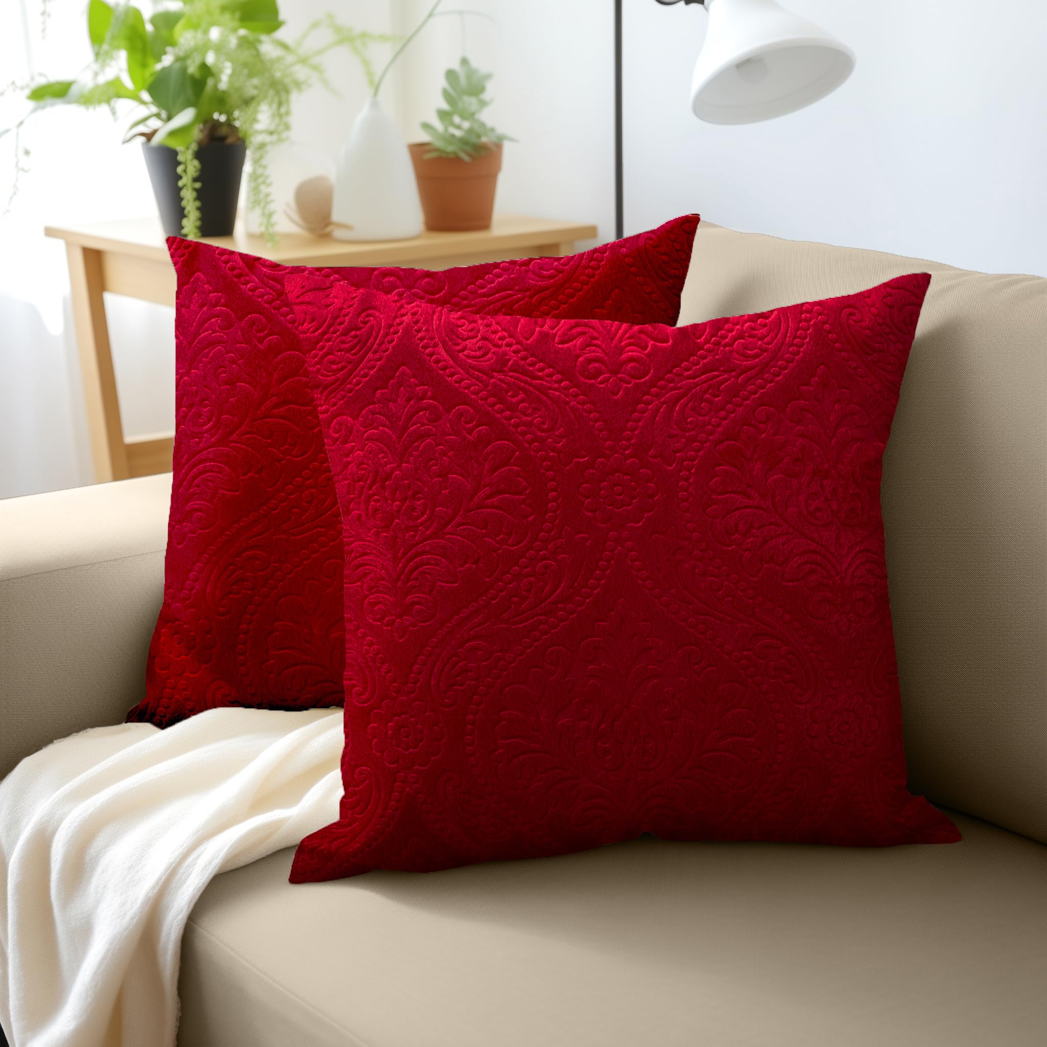 Photo 1 of Encasa Luxury Embossed Velvet Cushion Covers - Plush Throw Pillow Covers for Elegant Living Rooms & Bedrooms, Machine Washable, 18x18 Red | Set of 2 | Covers Only No Insert.