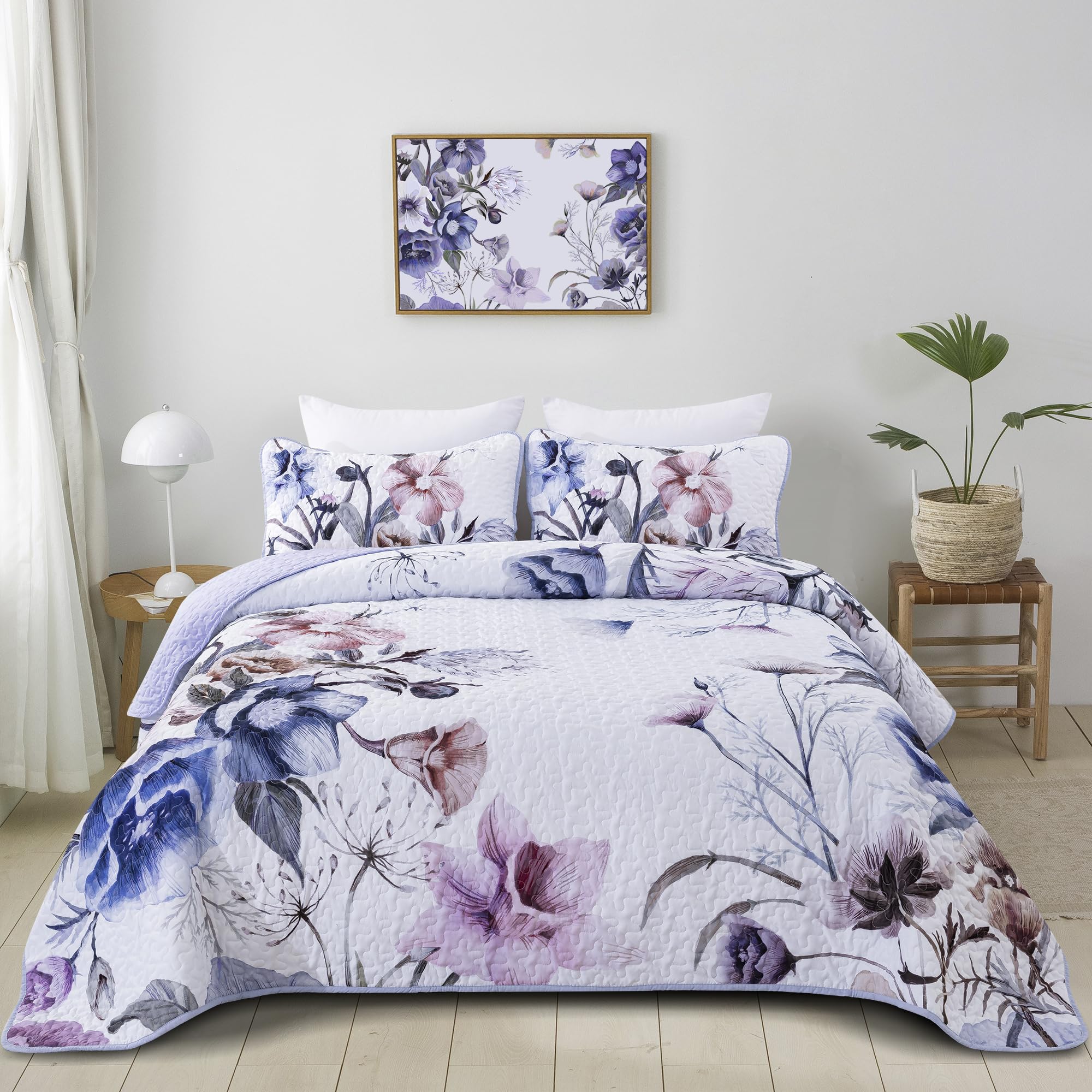 Floral Quilt Set King 3 Pieces Light Blue Floral Quilt Coverlet Set Soft Microfiber Lightweight Light Blue Quilted Bedspread for All Season 104"x90" Image