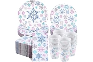 Pickmesh 250 Pcs Christmas Snowflake Plates and Napkins Cups Dinnerware Set Blue Pink Silver Winter Gender Reveal Birthday Party Decoration Serve 50 Guests for Winter Wonderland Party Supplies