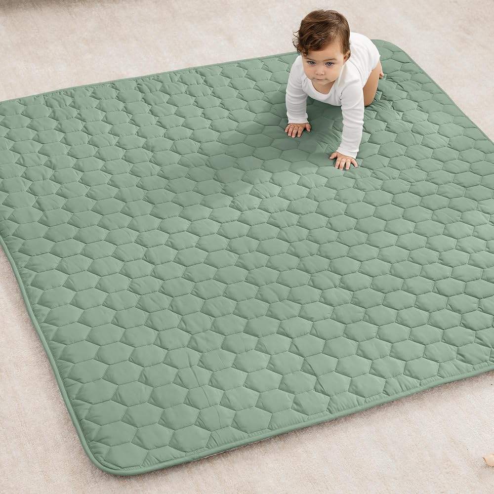 Comfy Cubs Square Kids Play Mat 56 x 56in Baby Floor Mat - Fern | Soft Quilted Baby Mat for Floor with Non-Slip Bottom - Easy