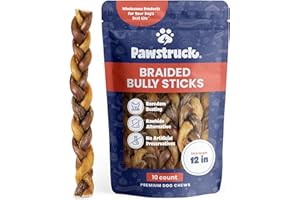 Pawstruck Natural 12” Braided Bully Sticks for Dogs - Tough, Long-Lasting, Rawhide-Free, Low Odor, Healthy Single Ingredient Chew Treat for Aggressive Chewers - 10 Count - Packaging May Vary