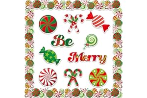 BeYumi 77Pcs Christmas Peppermint Candies Cutouts Bulletin Board Set Be Merry Cutouts Sweet Peppermint Border Trim Christmas Green and Red School Classroom Decoration for Winter Xmas Holiday Party