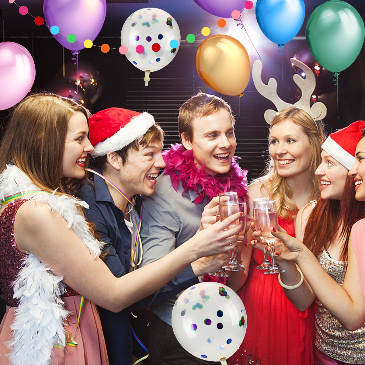 Confetti Balloons 15 Pcs with 12 Inch Assorted Color Latex Balloons (50 Pcs) and 1 Pcs Rainbow Paper Garlands Banner for Wedding Birthday Baby Shower Christmas Party Decorations Supplies