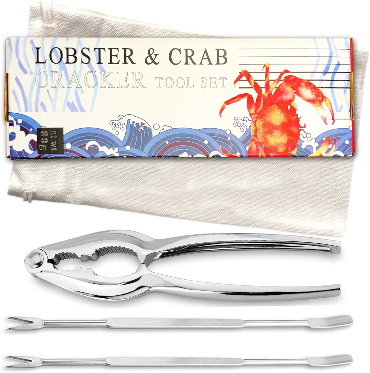 Lobster & Crab Seafood Cracker and Pick Tool Set |10 Pcs Includes 4 Crab Crackers, 2 Handy Canvas Bags & 4 Crab Leg Fork Picks: Kitchen & Dining