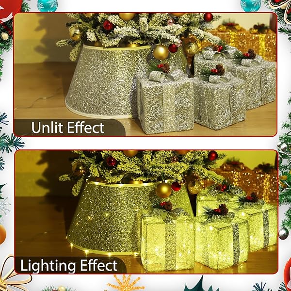 ATTGREAT CHRISTMAS LIGHTED GIFT BOXES, 100 LED LARGE SILVER PRESENTS GIFT BOX UNDER THE XMAS TREE FOR INDOOR OUTDOOR DECORATIONS（SET OF 4）
