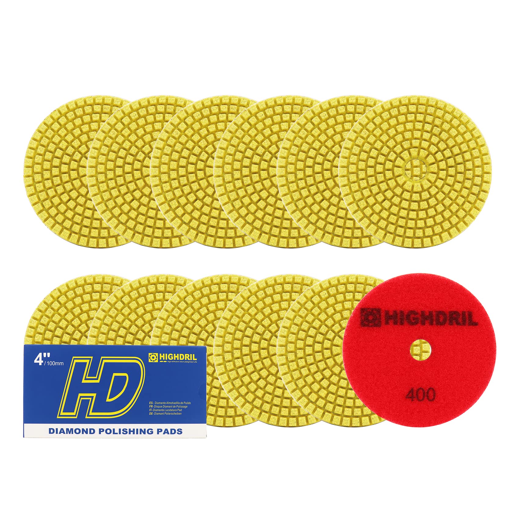 Wet Diamond Polishing Pads,HIGHDRIL 12pcs 100MM #400,for Granite Marble Sanding used on Grinder or Polisher