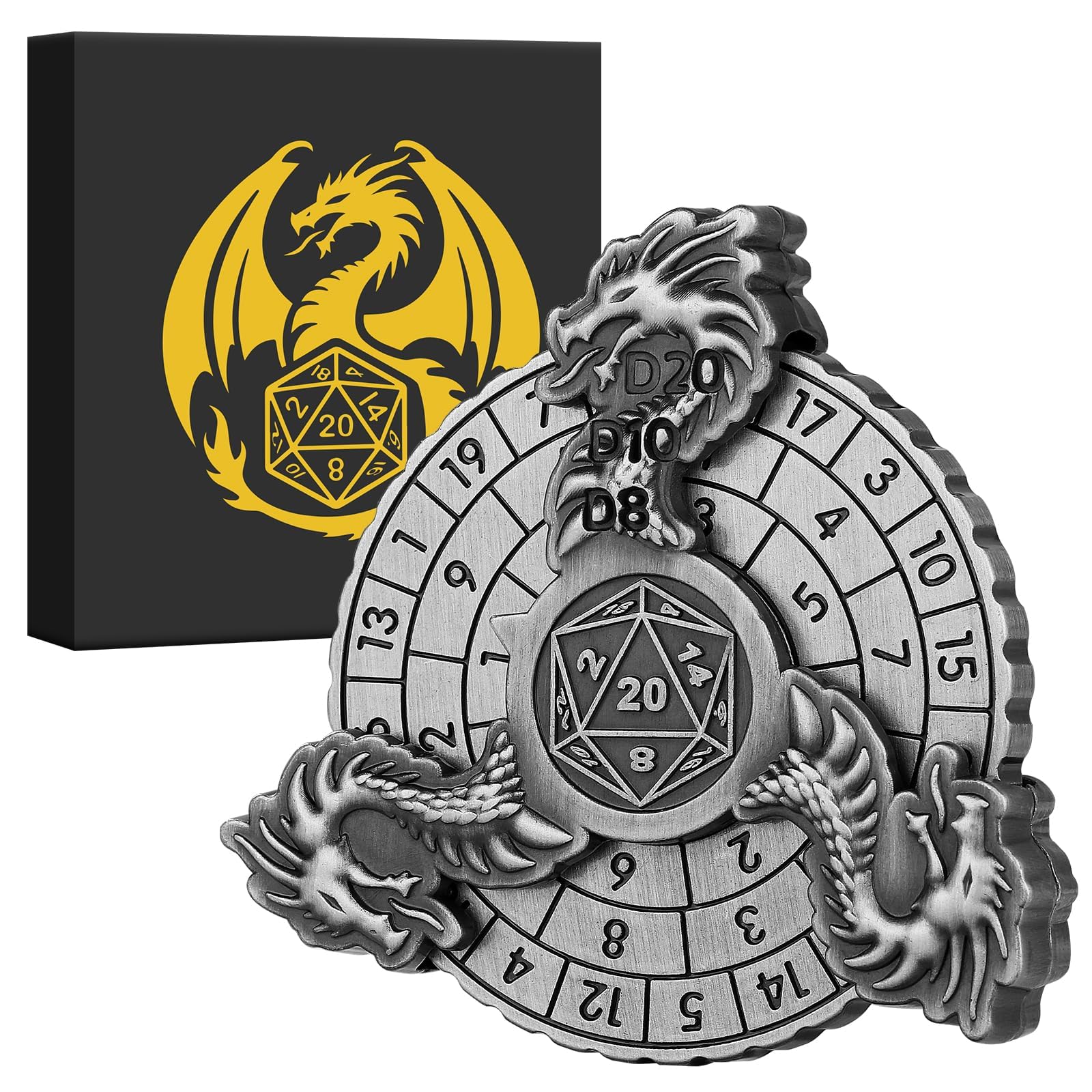 7-in-1 Dragon Fingertip Gyro, DND Wheel Dice Spiner, DND Starter Set, 7-in-1 Metal Dice Set, D&D Gifts with Dragon Logo Gift Box, Tabletop Games, Role Playing Board Game Accessories, Silver — image 1