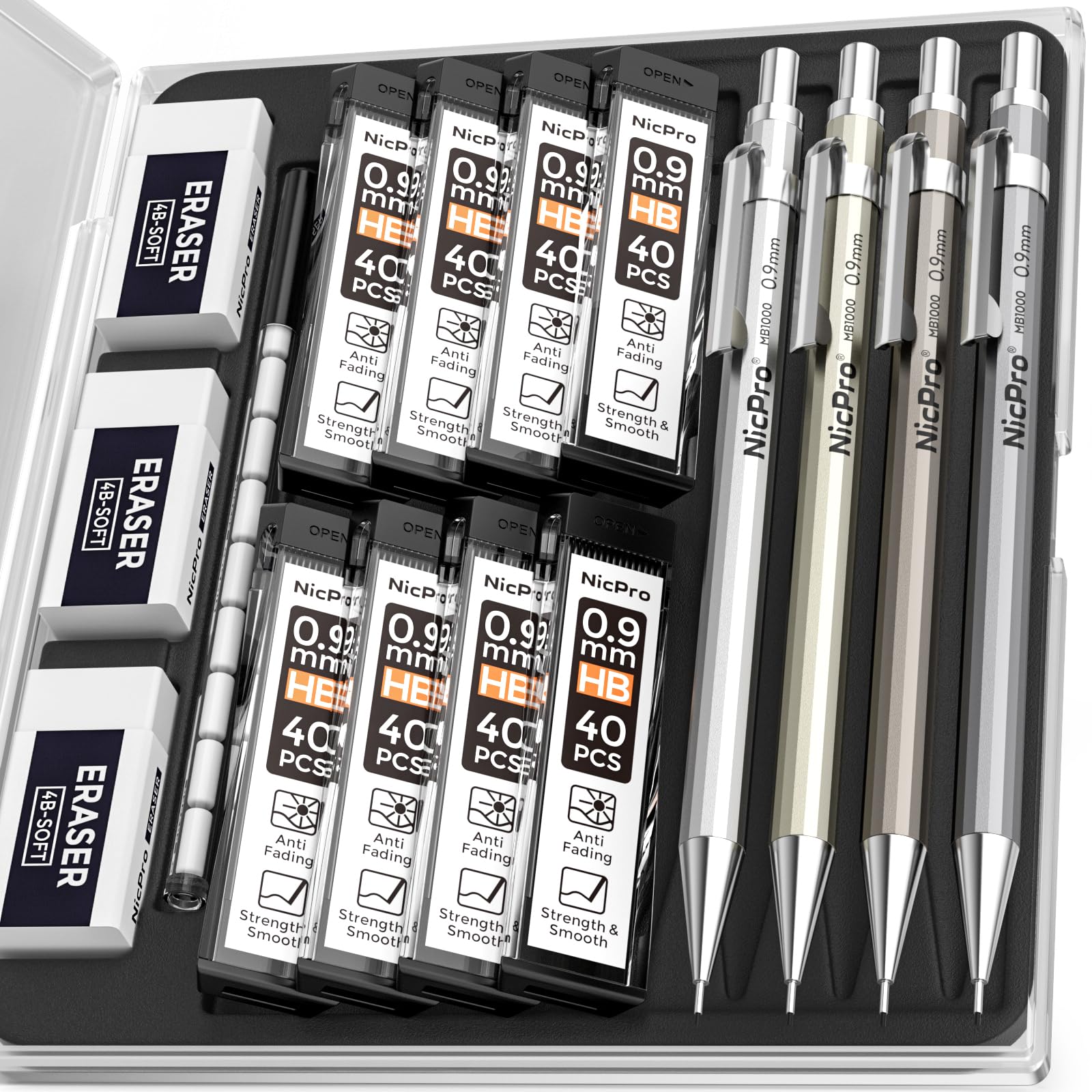 Photo 1 of Nicpro 4 Pack Metal Mechanical Pencil Set 0.9mm, MB1000 Lead Drafting Pencil 0.9 mm with 8 Tube HB #2 Lead Refill, 3PCS 4B Eraser, 9 Cap Eraser for Artist Writing, Sketching, Drawing- Come with Case