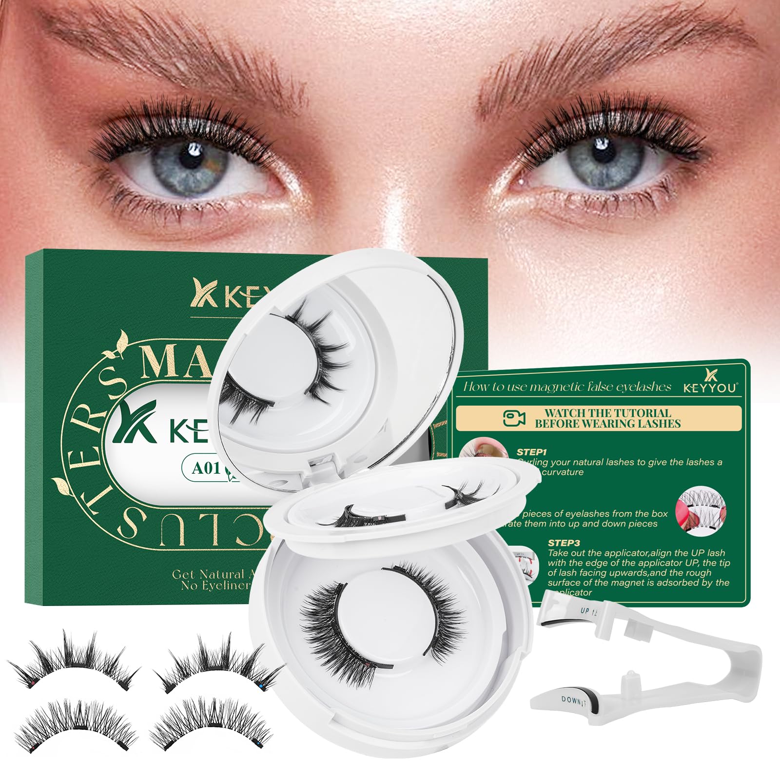 Photo 1 of KEYYOU Reusable Magnetic Eyelashes 2 Pair with Applicator No Glue Needed 3D Natural Magnetic Lashes, Easy to Apply & Long Lasting for Daily Use & Events(A01+A02)