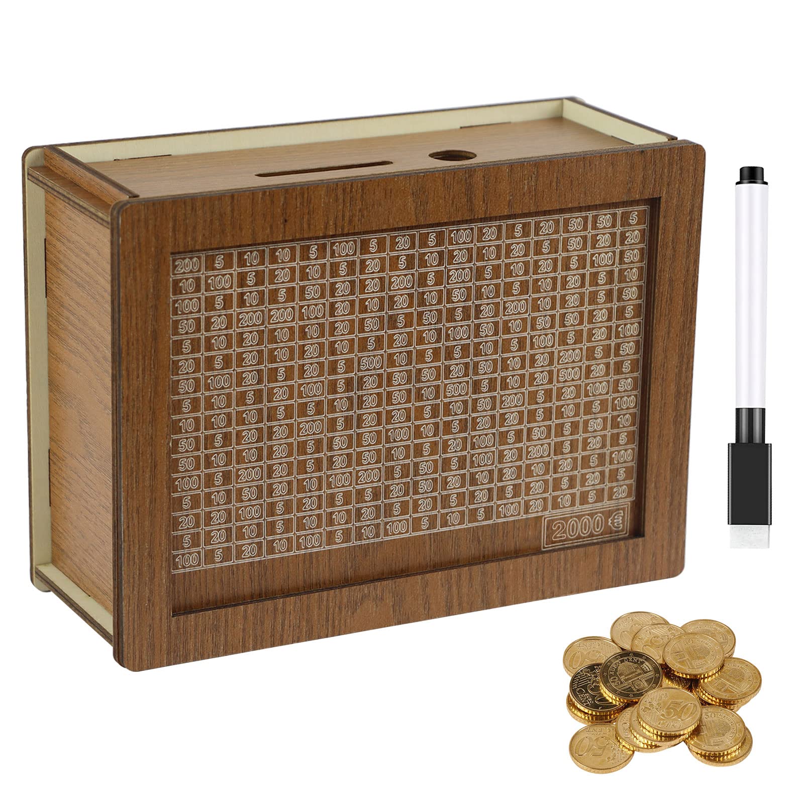 Wooden Money Box With Counter, Piggy Bank Wood Reusable Wooden Money Jar, Money Saving Box With Erasable Pen Money Saving Bank Help Budget Boxes For Adults (2000)