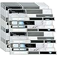 WALPLUS 12 Sheets 12" x 6" Subway Tiles Peel and Stick Kitchen Backsplash 3D Wall Panel Stick on Backsplash Light and Dark Marble
