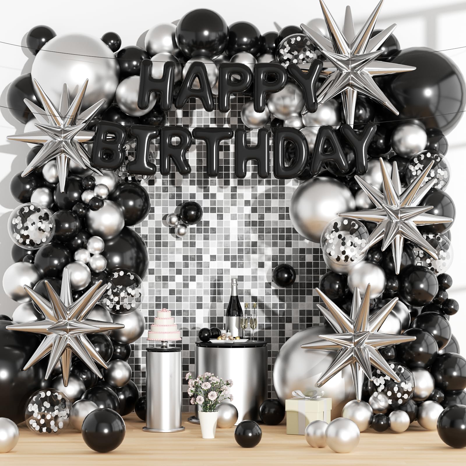 Photo 1 of 161PCS Silver and Black Balloon Arch Kit, Includes 5/10/12/18 inch Balloons and Silver Star Balloons, Reusable Birthday Party Decorations Supplies