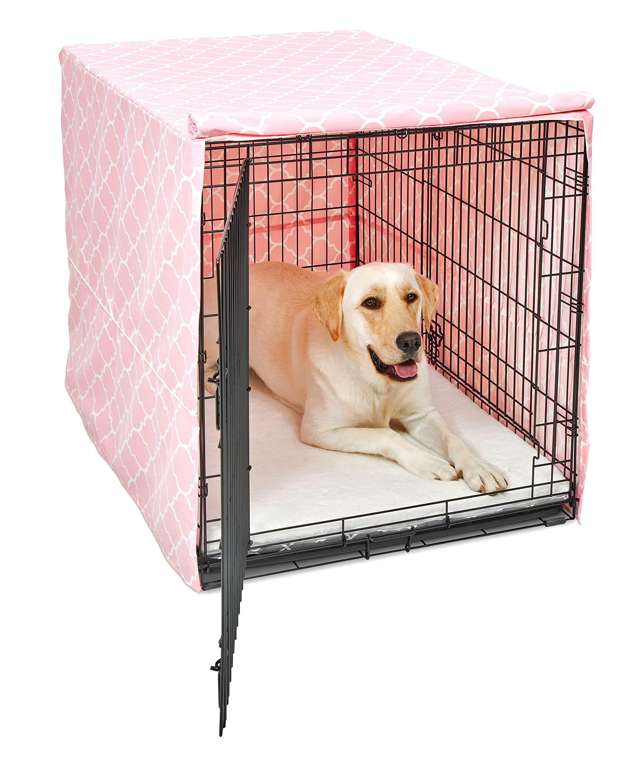New World Large Dog Crate Cover Featuring Teflon Fabric Protector, Poly-Cotton Privacy Kennel Cover Fits Most 106cm Crates, Pink Designer Print, Machine Washable, Reduces Barking