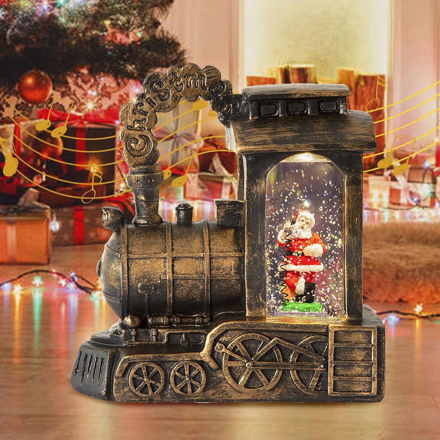 Lighted Musical Christmas Lantern - Retro Snow Globe Train Lantern with Swirling Glitter for Christmas Home Decor, Tabletop Decorative, Gifts - Battery Operated & USB Operated (Santa)
