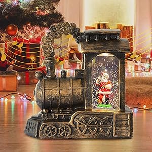 Lighted Musical Christmas Lantern - Retro Snow Globe Train Lantern with Swirling Glitter for Christmas Home Decor, Tabletop Decorative, Gifts - Battery Operated & USB Operated (Santa)