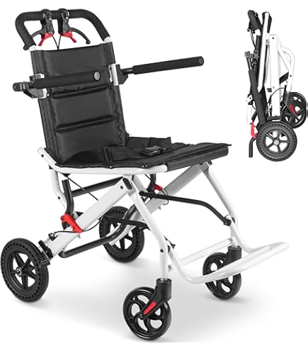 Makamsui Lightweight Foldable Transport Wheelchair, Portable Transit Travel Chair For Adults With Adjustable Safety Strap Aluminum Frame PU Wheels, Trolleys For Elderly Aircraft Travel (Black & White