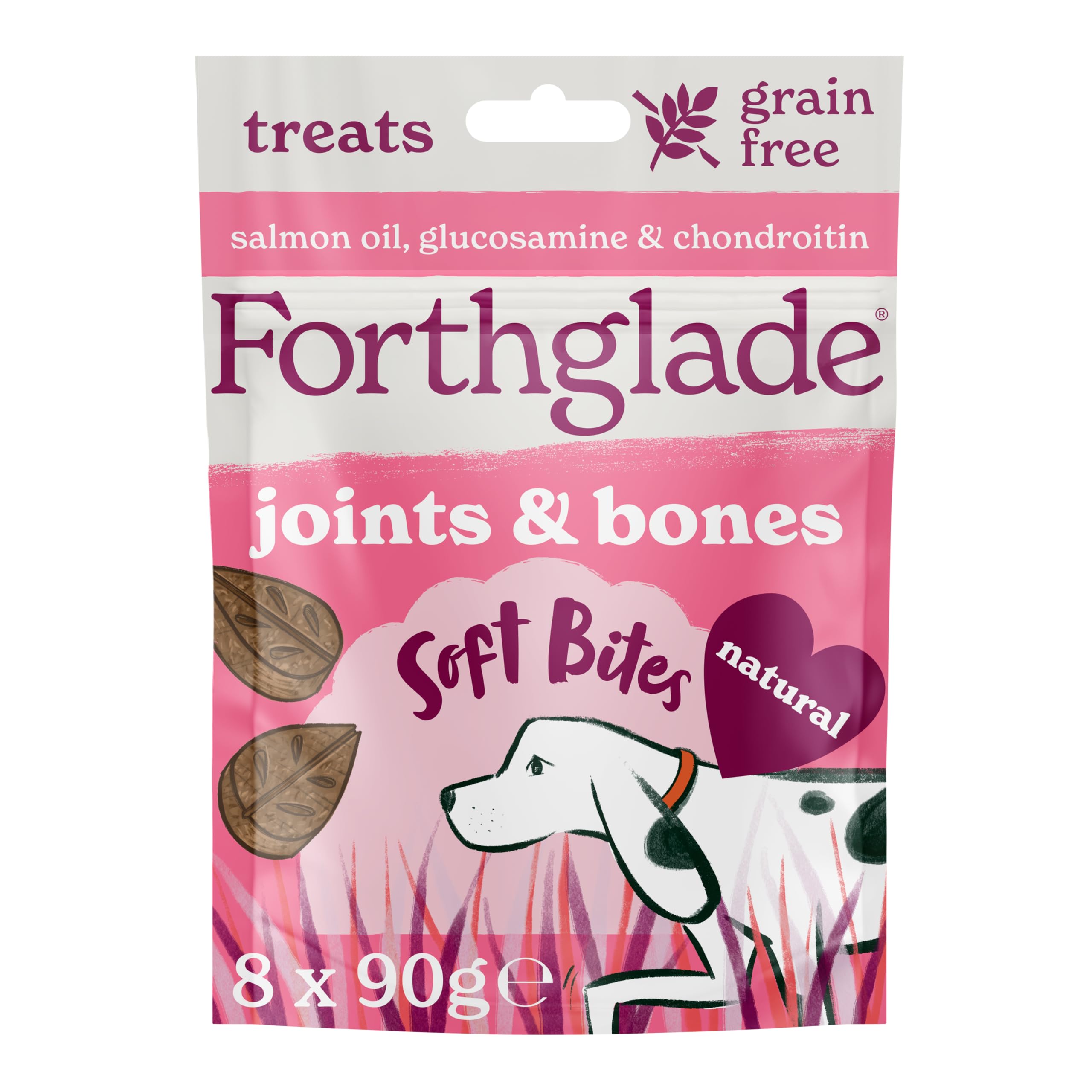 Forthglade Natural Dog Treats (8 x 90g Bags) - Hypoallergenic & Grain Free Dog Treats with Salmon, Soft Bites for Joints & Bones, Resealable Bags