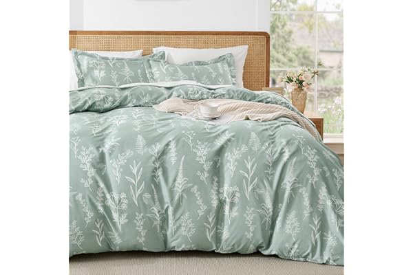 MUXHOMO Duvet Cover Queen Size, Reversible Floral Green Duvet Cover Set with Zipper Closure, 3 Pieces Botanical Patterns Soft