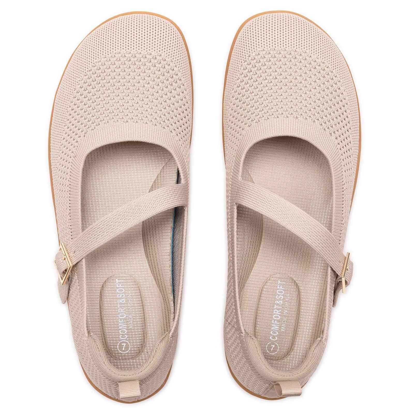 Photo 1 of Frank Mully Women's Wide Width Flats Mary Jane Flat Comofortable Knit Ballet Flat Wide Toe Box Dress Shoes with Adjustable Straps Nude