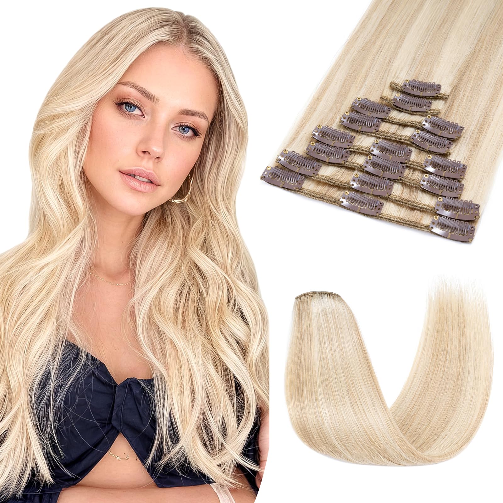 Clip in Hair Extensions Real Human Hair, 8 Pieces Hair Extensions Clip in, 8" 45g Human Hair (Thin Weft) #18P613 Ash Blonde mix Bleach Blonde