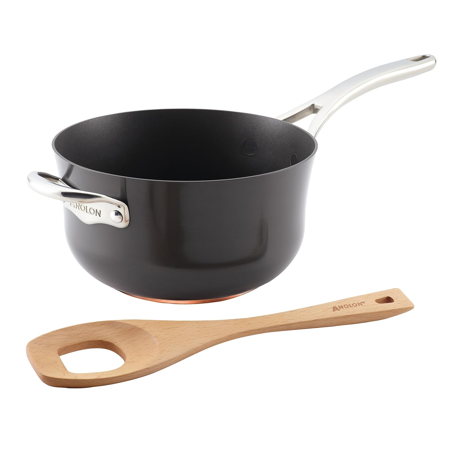 Anolon Nouvelle Copper Hard-Anodized Nonstick 4-Quart Risotto Pan and Beechwood Spoon Set. Dark Gray
