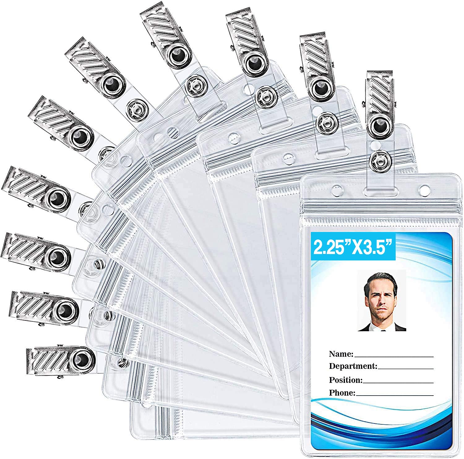 ID Badge Holder with Metal Badge Clips - Waterproof Sealable Clear Plastic Vertical ID Card Holder for Work ID, Key Card, Driver's License (Vertical 10 Pack)