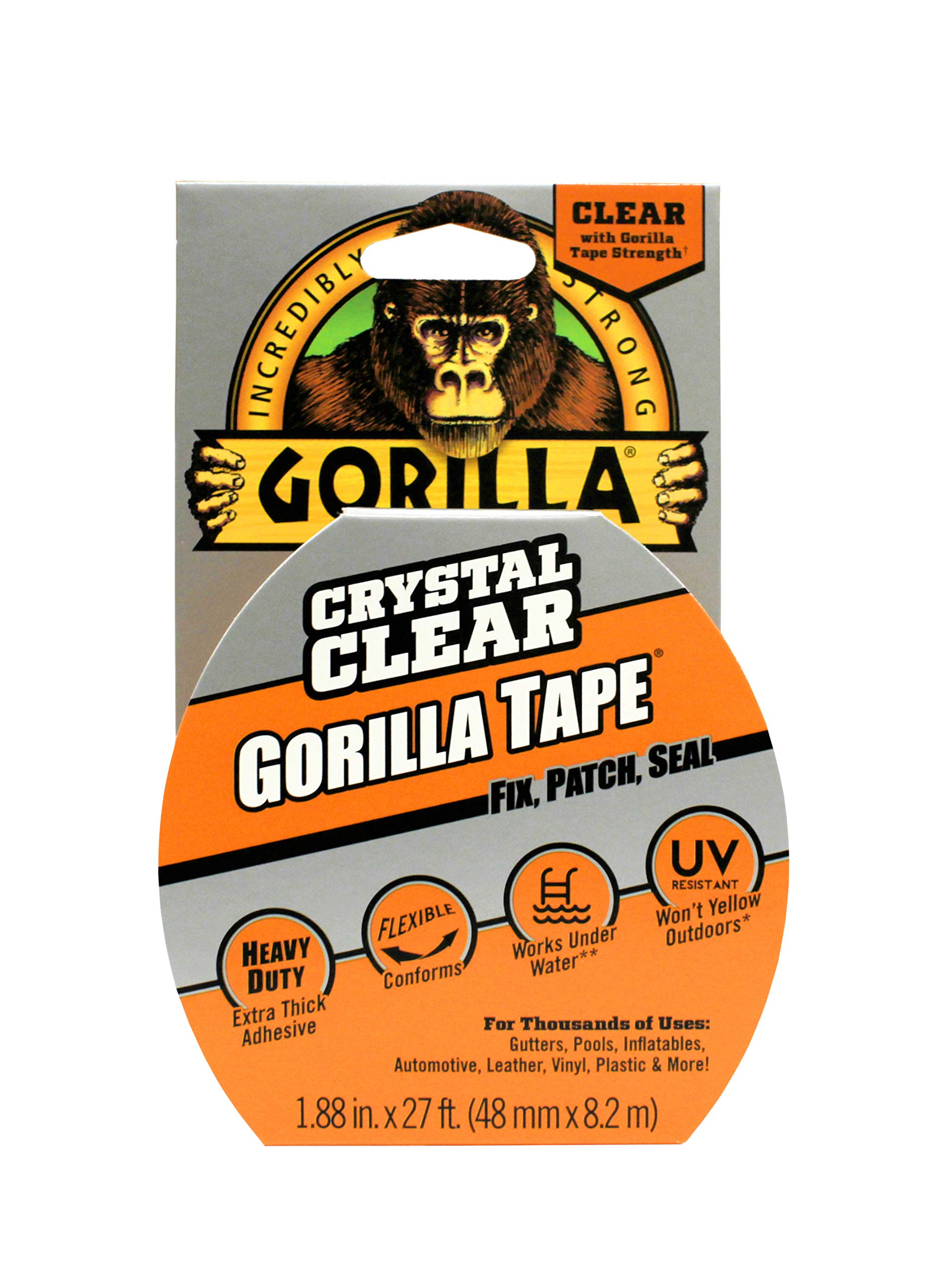 Gorilla Crystal Clear Duct Tape, 1.88” x 9 yd, Clear, (Pack of 1