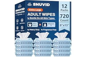 SNUVID Adult Wipes For Elderly - 8"x13" Extra Large & Soft Wet Wipes for Adults Bathing No-Rinse Incontinence & Cleansing - Disposable Washcloths, Vitamin E & Aloe Infused 720ct (12 Packs of 60)