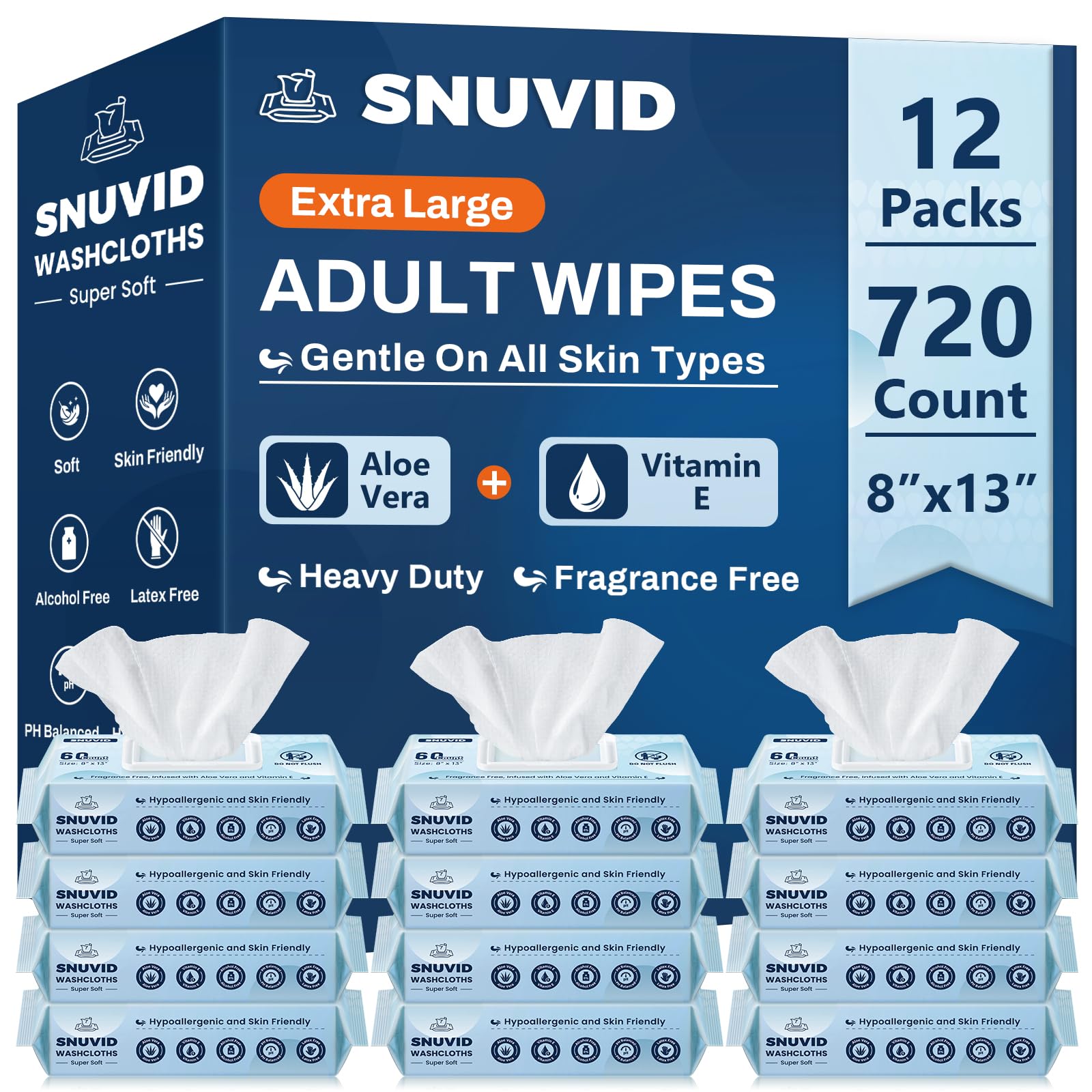 Photo 1 of Adult Wipes for Elderly - 720 Count Extra Large 8"x13" Disposable Washcloths Rinse Free Bathing Wipes for Incontinence & Bedridden Care - Thick, Soft & Unscented with Aloe & Vitamin E (12 Packs of 60)