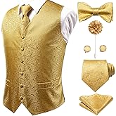 Hi-Tie Silk Mens Suit Vest Tie and Bowtie Lapel Pin Gold Tie Clip Paisley Floral Waistcoat 8PCS Set Tuxedo Wedding Party