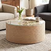 DM Furniture 27.5&rdquo; Round Coffee Table with Glass Top, Boho Woven Rope Drum Center Table with Wood Frame &amp; Metal Accent, Modern Farmhouse Circle Coffee Table for Living Room Office, Fully Assembled