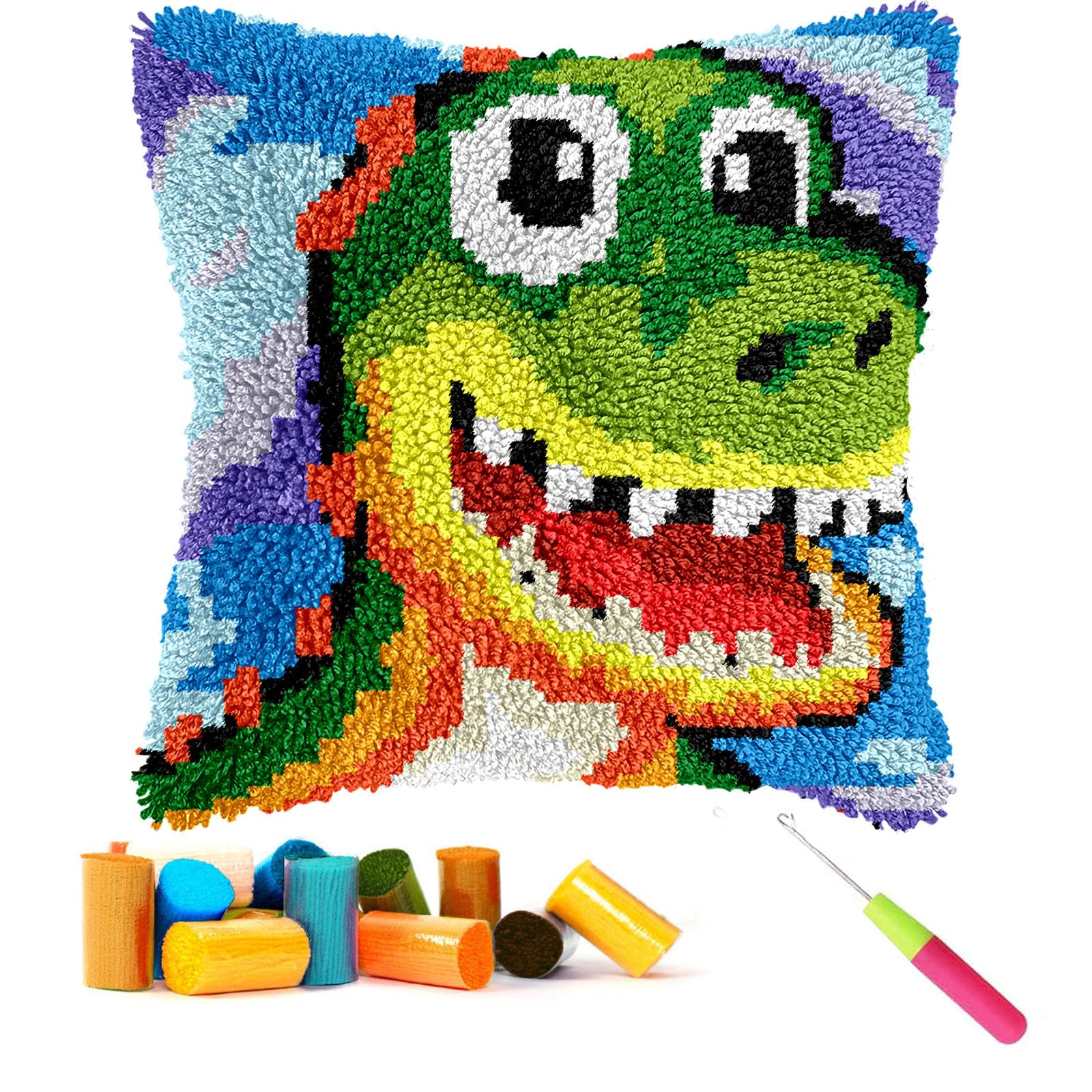 CCWORAN Cartoon Dinosaur Latch Hook Cushion Kits for Adults Beginners Kids Pillow Cover Making Crochet Craft Kits Pre Printed Canvas Wool Yarn Hobbies DIY Sofa Home Decor Women Gift Animal 2