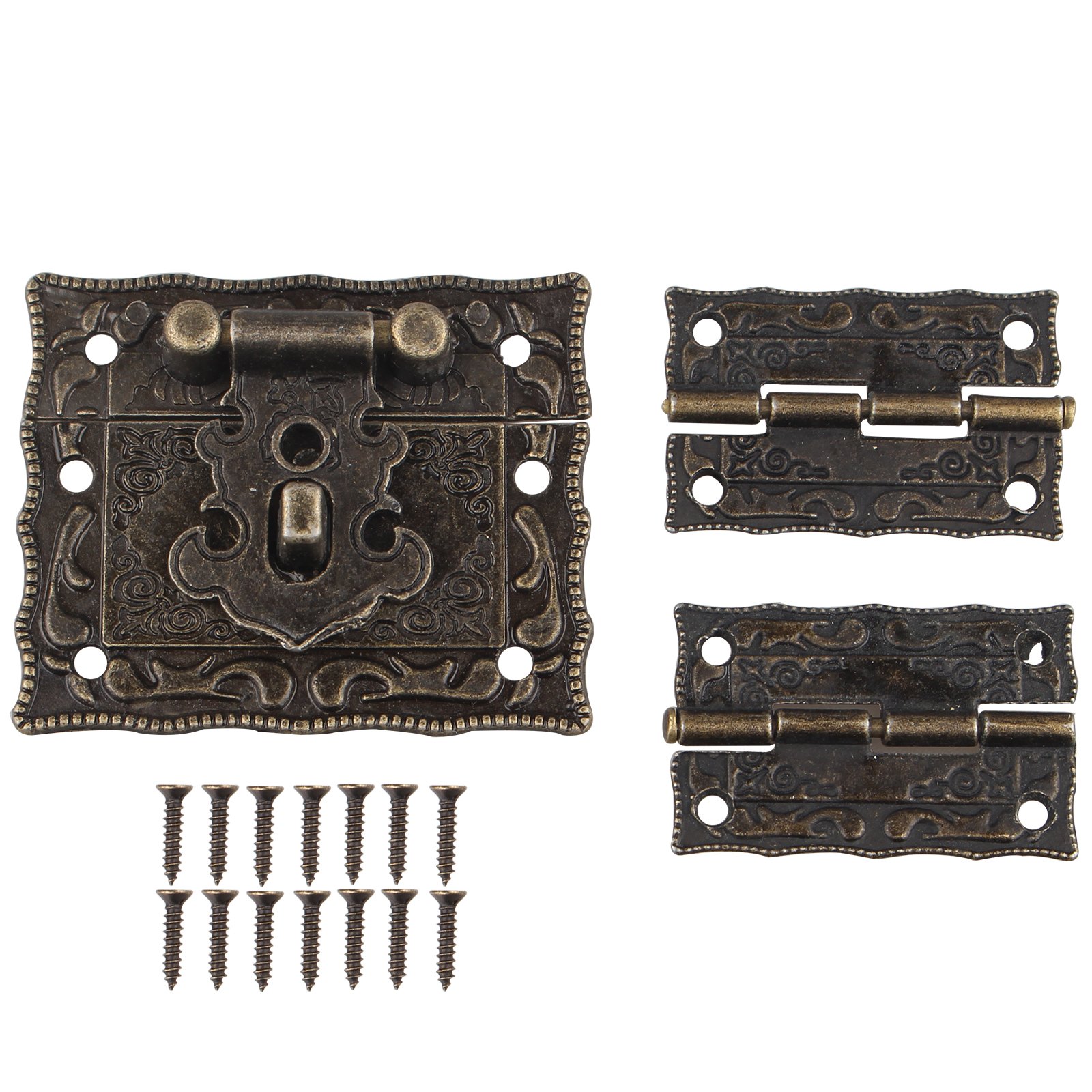 HALJIA Antique Retro Design Furniture Decorative Cabinet Jewelry Box Latch Hasps Lock and 2pcs Hinges with Screws Bronze Color