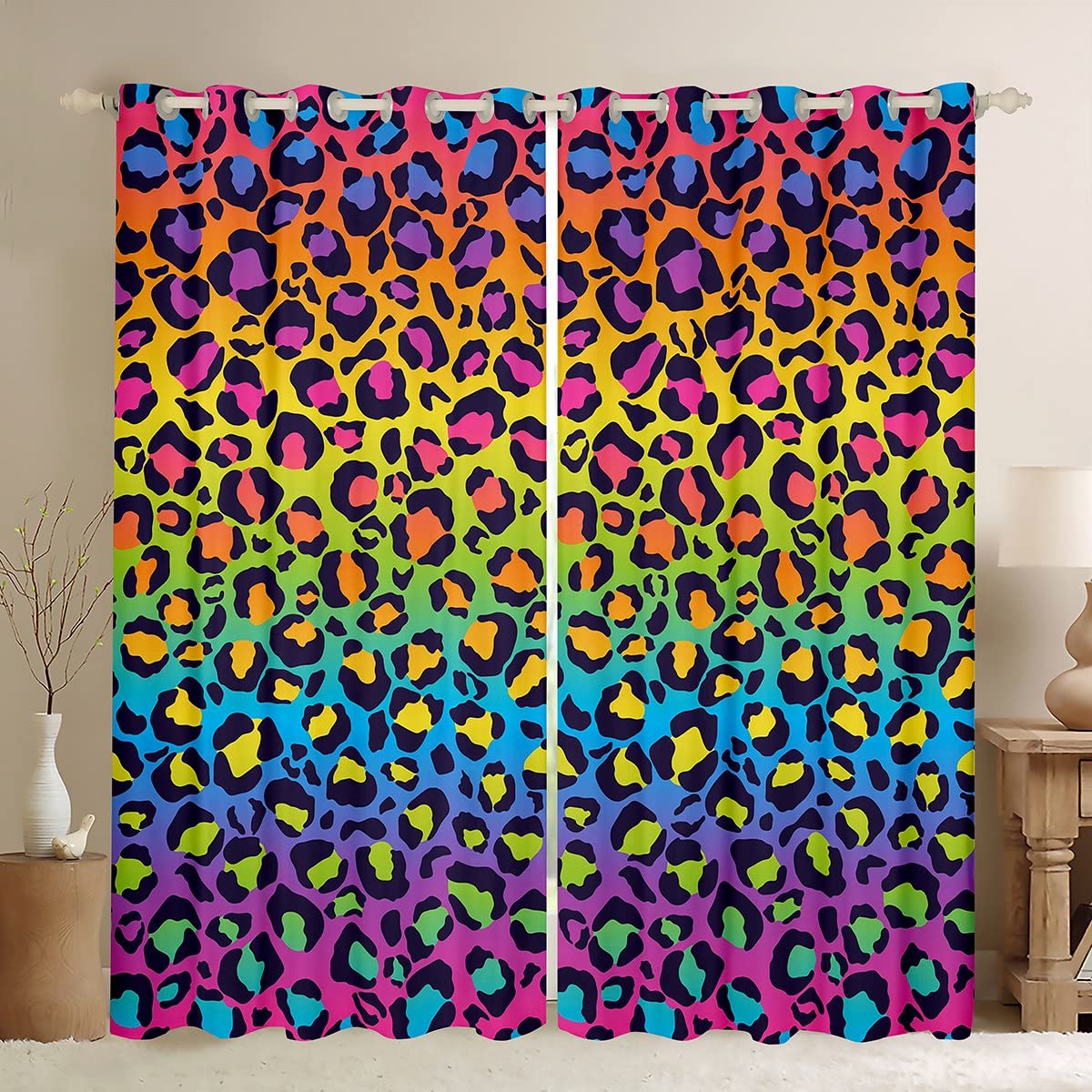 Leopard Print Blackout Curtain Rainbow Gradient Cheetah Print Window Treatments,Animal Fur Window Drapes for Kid Girls Room Decor Grommet Top 2 Panel Set Bedroom Curtains,46Wx54L inch