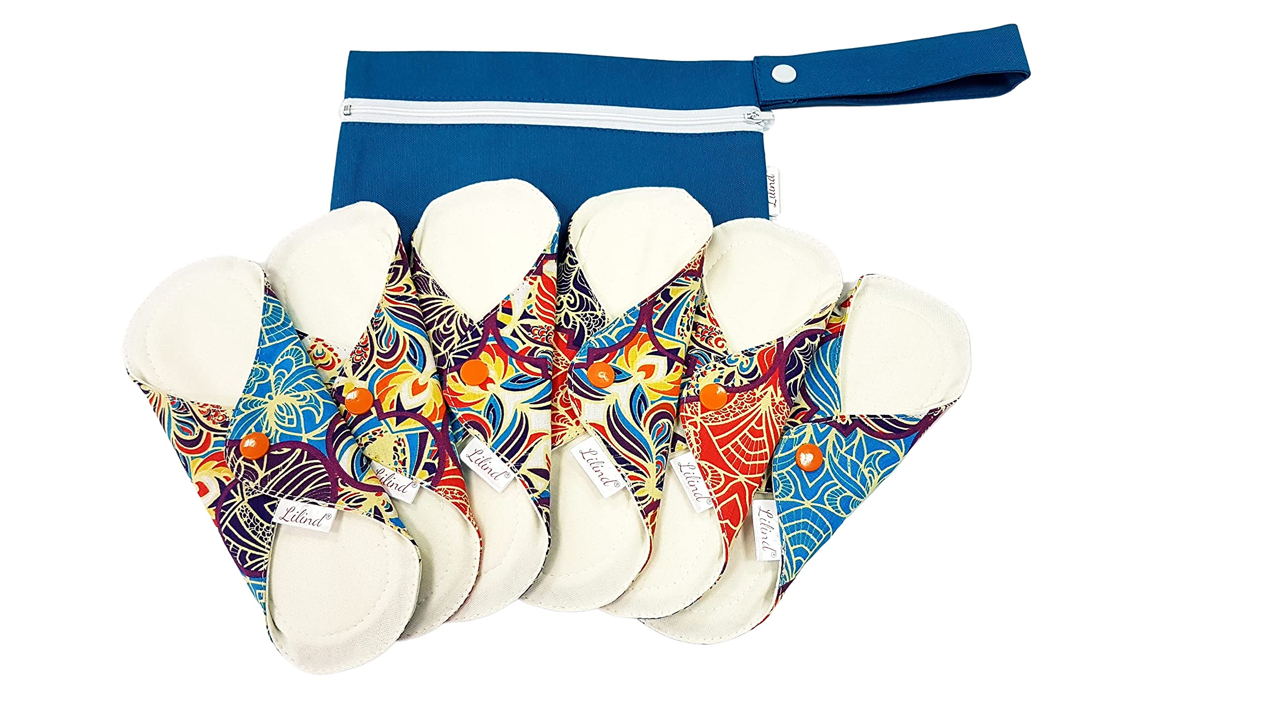 Lilind® Organic Cloth Pads, 20cm Pantyliners, 6 Pack Starter Set, Free Zip Wet Bag, Reusable Waterproof Menstrual Sanitary Napkins 100% Cotton, Blue Orient